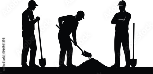 Construction workers silhouette team performing different roles including shoveling dirt holding shovel with foreman supervising at the site isolated vector icon on white background
