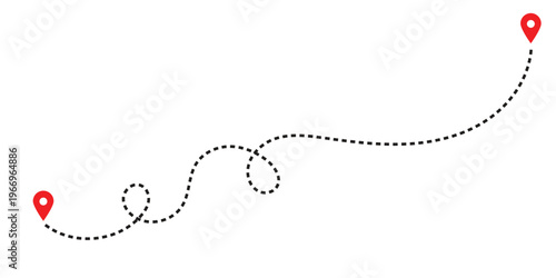 A winding dotted line with two red location markers on a white background