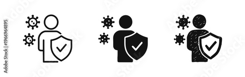 Immune system protection from virus concept icon set. Person with shield and checkmark surrounded by virus particles.