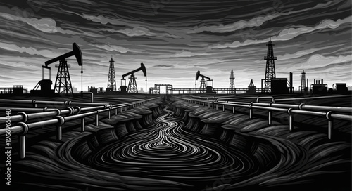 Oil field with pump jacks and pipelines under a dramatic sky.