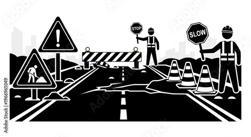 Fotografie Road construction safety signs and workers directing traffic.