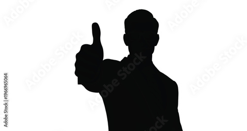 Dark silhouette of a professional male figure signaling agreement with a raised thumb on white.