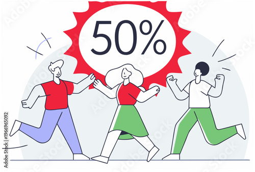 People running towards a 50% off sales promo badge. Woman and two men chasing flash sale discount for retail, shopping, website, banner. Vector illustration