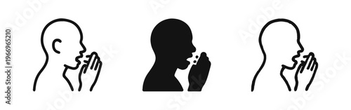 Coughing or sneezing person icon set. Human profile covering mouth with hand, illustrating illness and respiratory symptoms.