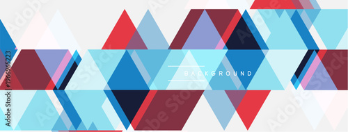 Abstract geometric pattern. Triangles, hexagons overlap creating modern design. Light blue, red, purple hues dominate composition.