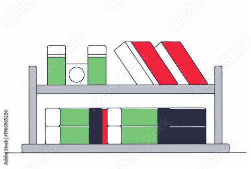Shelf storage with products for subscription box service. Goods organized for regular delivery. Order fulfillment concept. Vector illustration