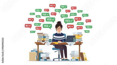 A character sits at a cluttered desk with thoughts and ideas floating above head in office setting.