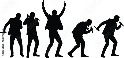 Collection of male singer silhouettes performing on stage with microphones including pop rock and jazz vocalists in dynamic poses isolated vector