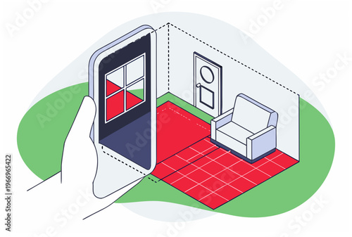 Hand holding smartphone with an AR application showing furniture try-on in an empty room, for augmented reality home design. Vector illustration