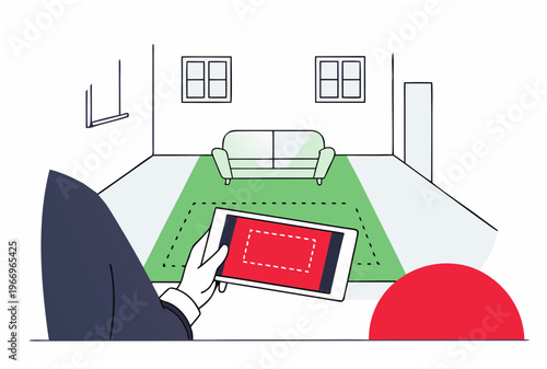 Woman hand holding tablet with augmented reality app for virtual furniture try-on in living room. AR technology concept vector illustration