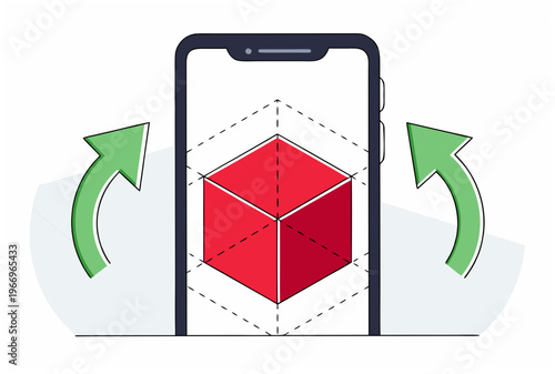 Smartphone displaying red cube in augmented reality, AR furniture and decor try-on concept. Vector icon for app design