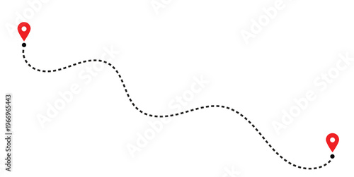 Dotted line with two red location pins on a white background