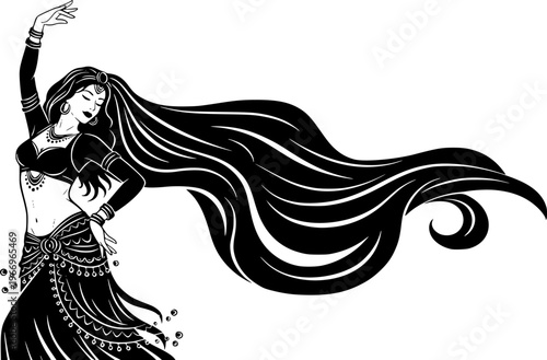 Belly Dancer Silhouette Oriental Dance Veil Motion Middle Eastern Culture Black Vector