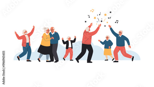 Joyful group of elderly people happily dancing, singing, and celebrating together, surrounded by musical notes and confetti, symbolizing active aging.