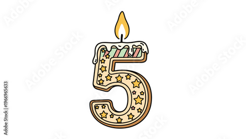 Decorative birthday candle shaped as the number 5, adorned with charming stars and stripes, featuring a vibrant lit flame, ideal for celebrations.