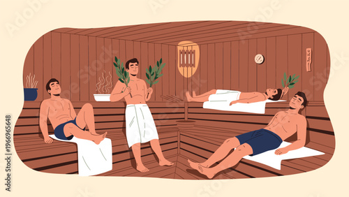 Group of men relaxing in a traditional wooden sauna, enjoying the heat, with some holding birch whisks for an authentic bathing experience.
