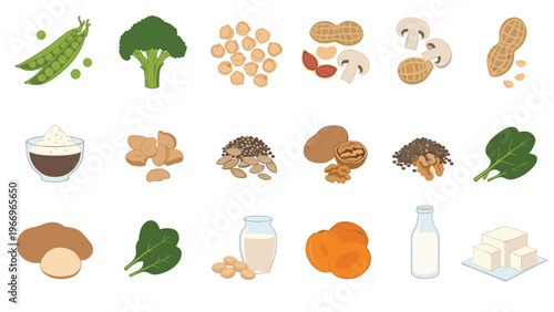 Diverse collection of various vegan protein sources, including peas, broccoli, chickpeas, peanuts, mushrooms, and tofu, promoting a plant-based diet.
