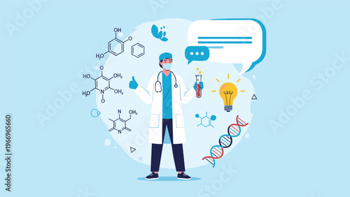 Dedicated doctor in a lab coat and mask, surrounded by complex chemical formulas, a DNA helix, and an idea lightbulb, symbolizing medical research and innovation.