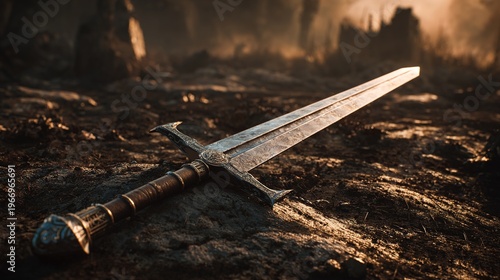 greatsword. Medieval greatsword thrust into scorched earth on battlefield. event programs, museum guides, designed for cultural heritage projects and event programs, elevates cultural identity.