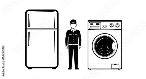 Appliance repairman standing between refrigerator and washing machine.