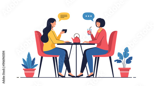 Two happy women engage in friendly conversation over coffee and tea at a cozy cafe table, enjoying a relaxed social moment.