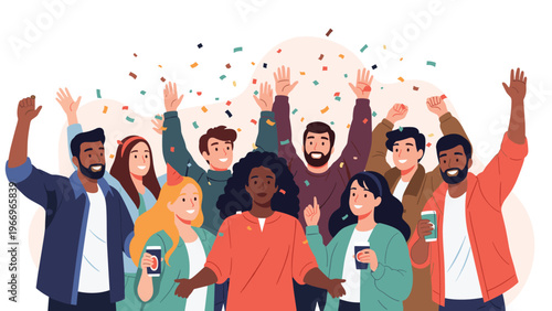 Diverse group of enthusiastic people joyfully celebrates with hands raised high and colorful confetti falling around them.