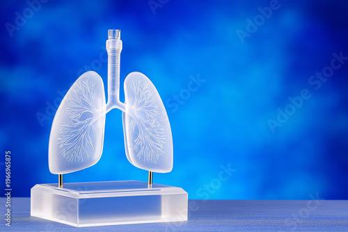 Model of human lungs displayed on a clear base against a blue background in a science setting