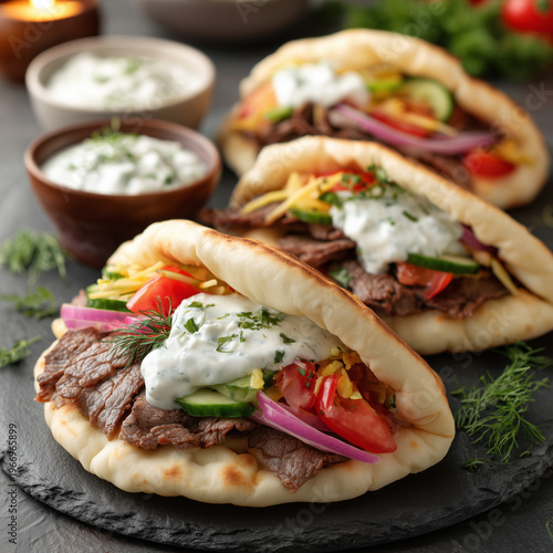 Delicious pita sandwiches filled with beef and fresh vegetables prepared on a dark stone plate in a cozy setting, Greek cusine, giros 
