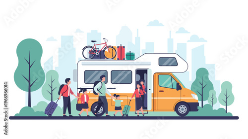 Happy family embarks on an adventurous road trip, loading their spacious camper van with luggage and a bicycle for an exciting journey.