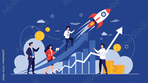 Motivated business people celebrate rapid financial growth and market success, with a rocket launching from an upward-trending graph and scattered coins.
