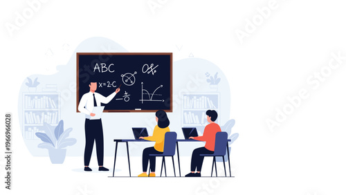 Male teacher explains complex math concepts on a blackboard to two focused students diligently working on their laptops in a classroom.
