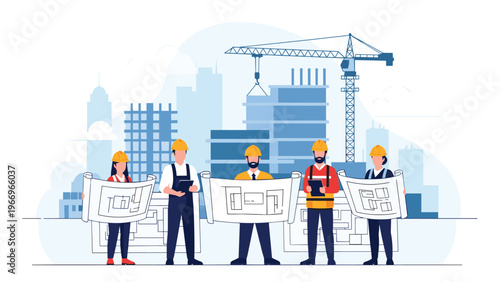 Group of skilled construction workers and engineers holding blueprints in front of a bustling urban construction site with a large crane.