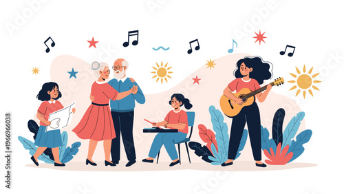 Delightful multi-generational family enjoys various musical activities together, with grandparents dancing and children playing instruments and drawing.