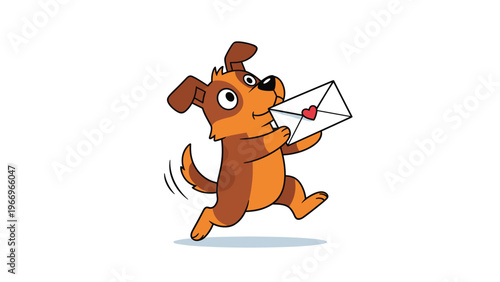 Adorable cartoon illustration of a happy brown dog running cheerfully with a white envelope in its mouth, featuring a red heart on the seal.