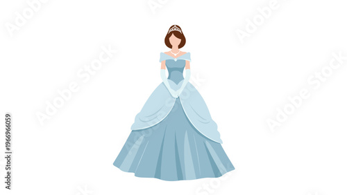 Elegant cartoon illustration of a beautiful princess wearing a light blue ball gown, complete with long gloves, a delicate necklace, and a sparkling tiara.