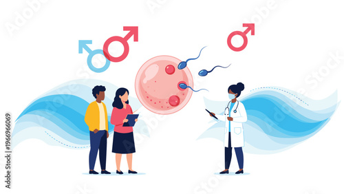 Professional fertility doctor explains the in-vitro fertilization (IVF) process to an expectant couple, with illustrative diagrams of sperm fertilizing an egg.