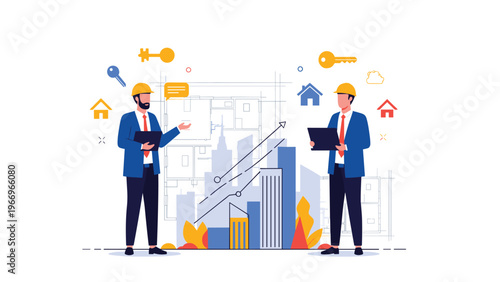 Two real estate agents, equipped with construction helmets and documents, discuss property market trends and investment opportunities against a cityscape background.