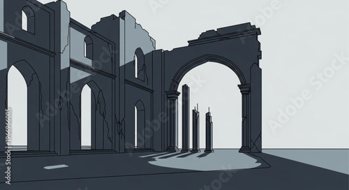 Ancient Roman ruins architectural illustration with arches and columns.