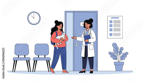 Concerned woman holds her cat, waiting in a veterinarian's office, while a friendly female doctor approaches, ready to provide medical care for the pet.