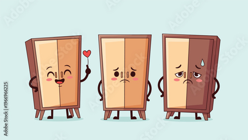 Playful set of three cartoon wardrobe characters, each expressing a different emotion: happy with a heart balloon, sad, and distressed, representing emotional range in objects.