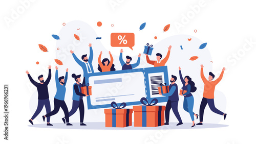 Jubilant crowd of people celebrates with arms raised, surrounded by gift boxes and confetti, holding a large coupon with a percentage sign, symbolizing discounts and rewards.