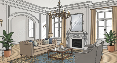 Elegant living room interior design with sketched outlines and furniture.