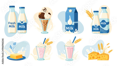 Extensive collection of fresh milk and dairy products, including bottles, cartons, ice cream, milkshakes, butter, and cheese, highlighting healthy and delicious food items.
