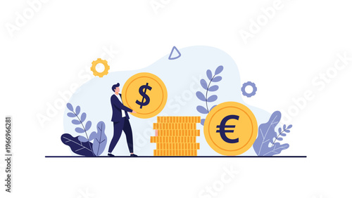 Businessman standing with a large dollar coin and a stack of gold euro coins, representing currency exchange, international finance, and global investment strategies.