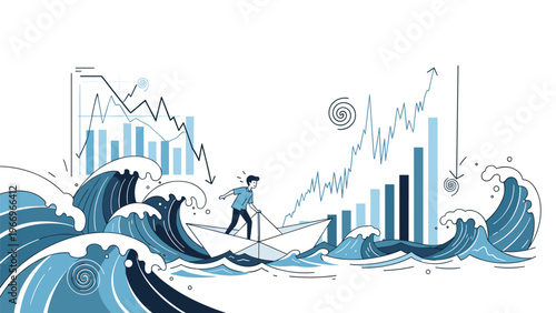Determined businessman in a paper boat navigates turbulent waves, symbolizing economic crisis and volatile stock market conditions with fluctuating financial charts.