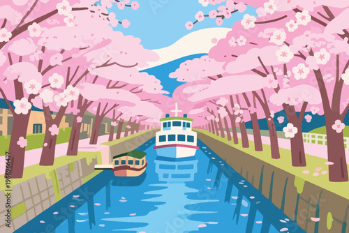 View of a ship in the middle of a city river surrounded by cherry blossom trees Illustration Creative Design Template Background