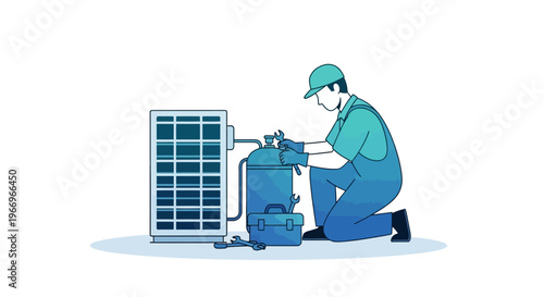 An air conditioning technician in a green uniform performs maintenance and repair on an air conditioner unit with a cleaning machine nearby, in a simple illustrative style with a focus on