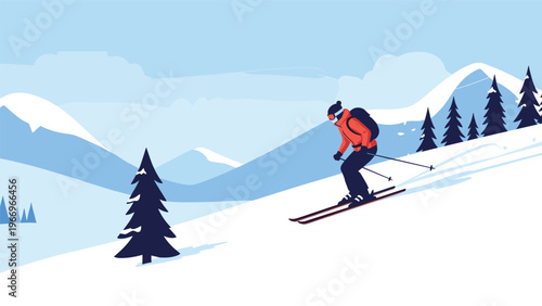 Energetic man in winter gear confidently skis down a snowy mountain slope, surrounded by majestic evergreen trees and distant peaks, symbolizing winter sports and adventure.