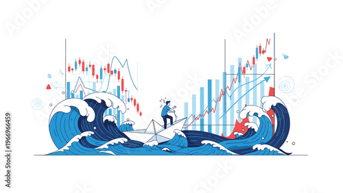 Entrepreneur in a paper boat courageously navigates a turbulent stock market with rising and falling candlestick charts, symbolizing financial risk and resilience.