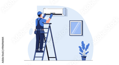 An air conditioning technician in a blue uniform repairs an air conditioner on a ladder with a tool, in a simple illustration with a light blue background and a plant.